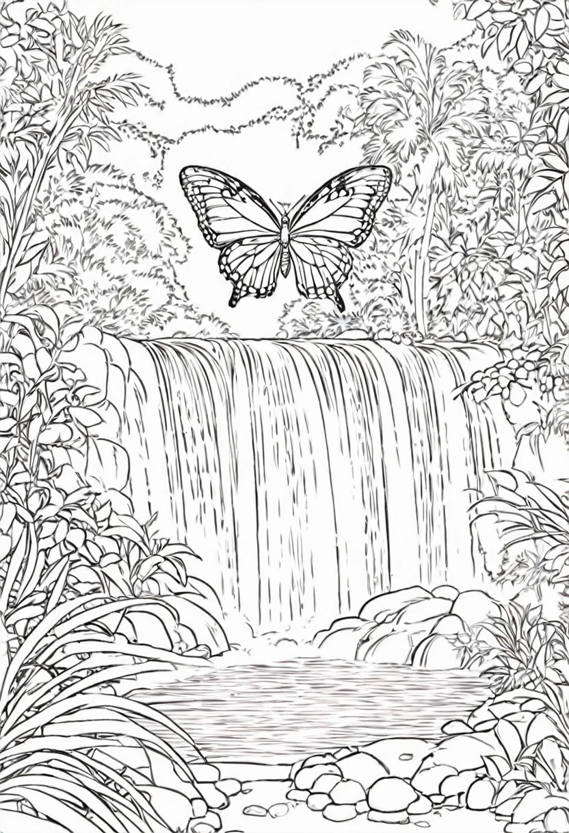 Borboleta, linearte, high resolution, em um jardim, cachoeiras no fundo, floresta densa, borboleta no centro, livro para colorir, rio encontrando a cachoeira, imagem de alta qualidade, borboleta sobrevoando a cena, no color, coloring book.