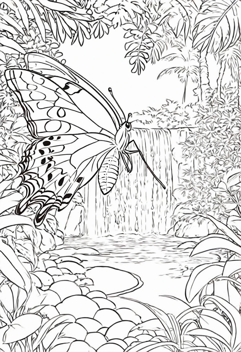 Borboleta, linearte, high resolution, em um jardim, cachoeiras no fundo, floresta densa, borboleta no centro, livro para colorir, rio encontrando a cachoeira, imagem de alta qualidade, borboleta sobrevoando a cena, no color, coloring book.