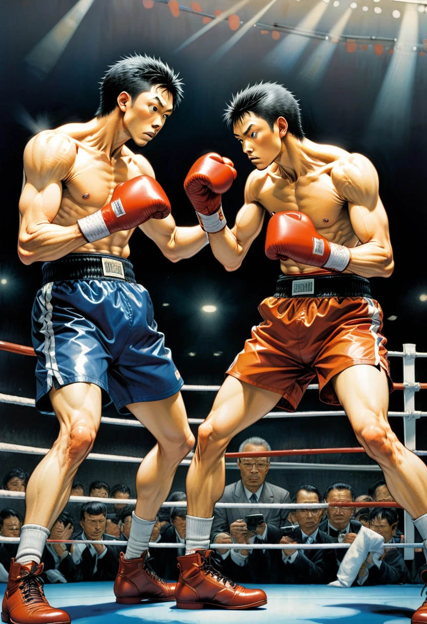Boxing Match, Boxing ring, boxing gloves, champion, (masterpiece, best quality, Professional, perfect composition, very aesthetic, absurdres, ultra-detailed, intricate details:1.3), by Naoki Urasawa