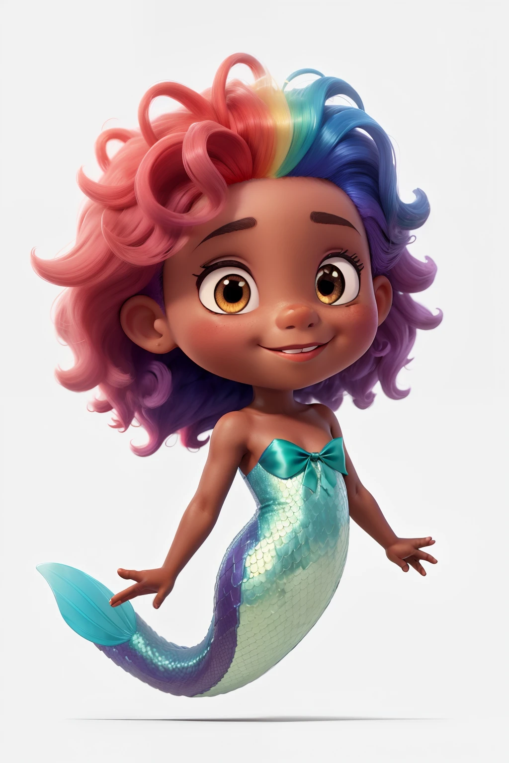 cute dark skinned mermaid with rainbow hair, white background