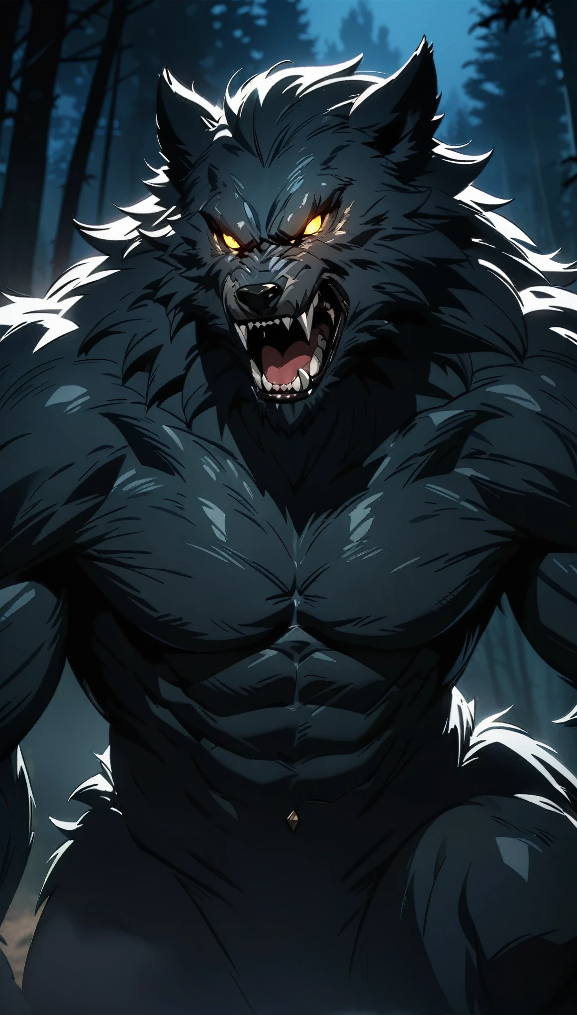 Masterpiece, highest quality, ultra detailed, western style animation, werewolf, black fur, large body, yellow eyes, intimidating presence, night time, cinematic lighting, forest background, fantasy