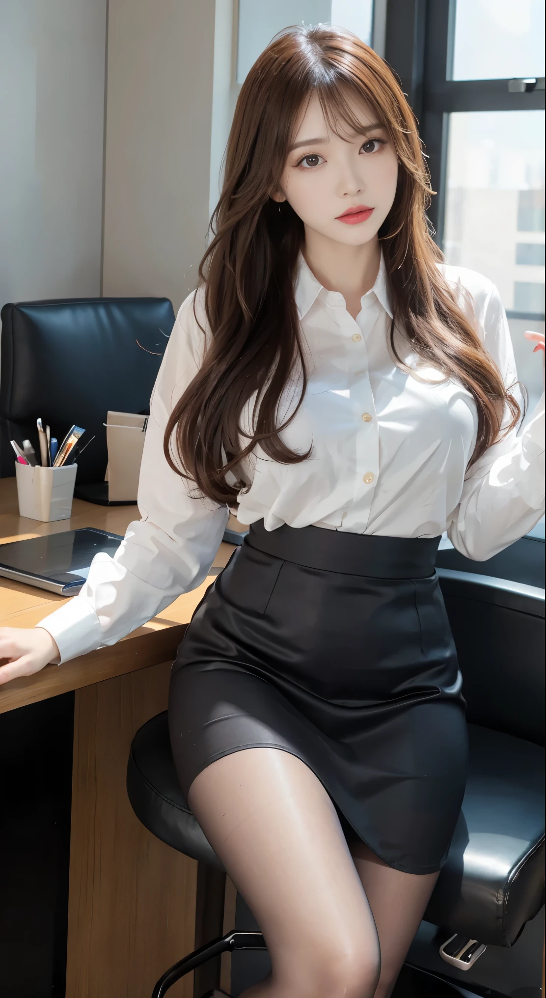 heavy makeup,transparent flesh colored pantyhose,8 thousand,Has bangs,wavy hair,stiletto heels,long legs,in the office,office uniform,knee skirt