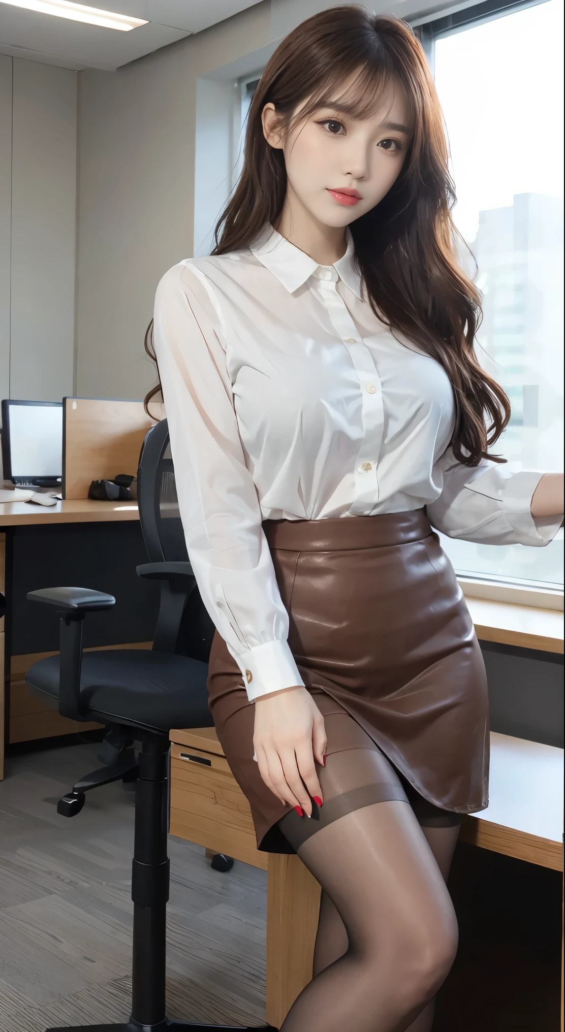 heavy makeup,transparent flesh colored pantyhose,8 thousand,Has bangs,wavy hair,stiletto heels,long legs,in the office,office uniform,knee skirt