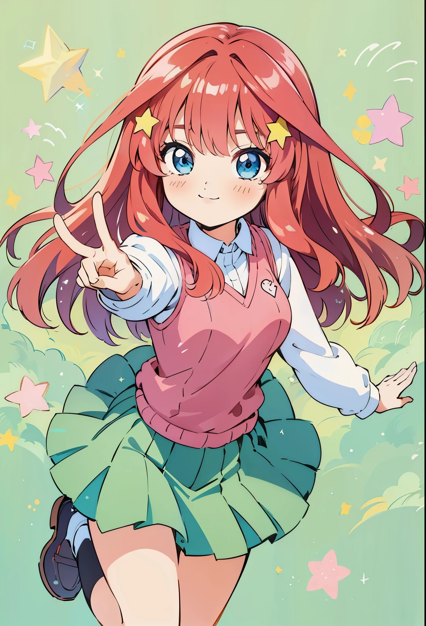  smily eyes, sparkling eyes, happy lovely tender face, natural happy face, 1 girl, solo, masterpiece, best quality, illustration, itsuki nakano in a dynamic pose, front, itsuki nakano,  fluffy long red hair, blue eyes, nakano_itsuki splendid, iridescent, dynamic pose, moving, excellent character design, full body pose, perfect face, aaitsuki, star hair ornament, cheery face, shiny smile, lovely sparkling smile happy, collared white shirt, green pleated skirt, sleeveless pink red vest, Good shapes, vivid colours, bright colours, perfect lines, perfect lineart, kawaii, good, cute, tender expression, lovely, smile, sweet eyes, pretty outdoors background,,  splendid, iridescent, dynamic pose, moving, excellent character design, full body pose, perfect face, aaitsuki, bangs, sweet tender expression, cute face, nakano_itsuki, sweater vest, very long red hair