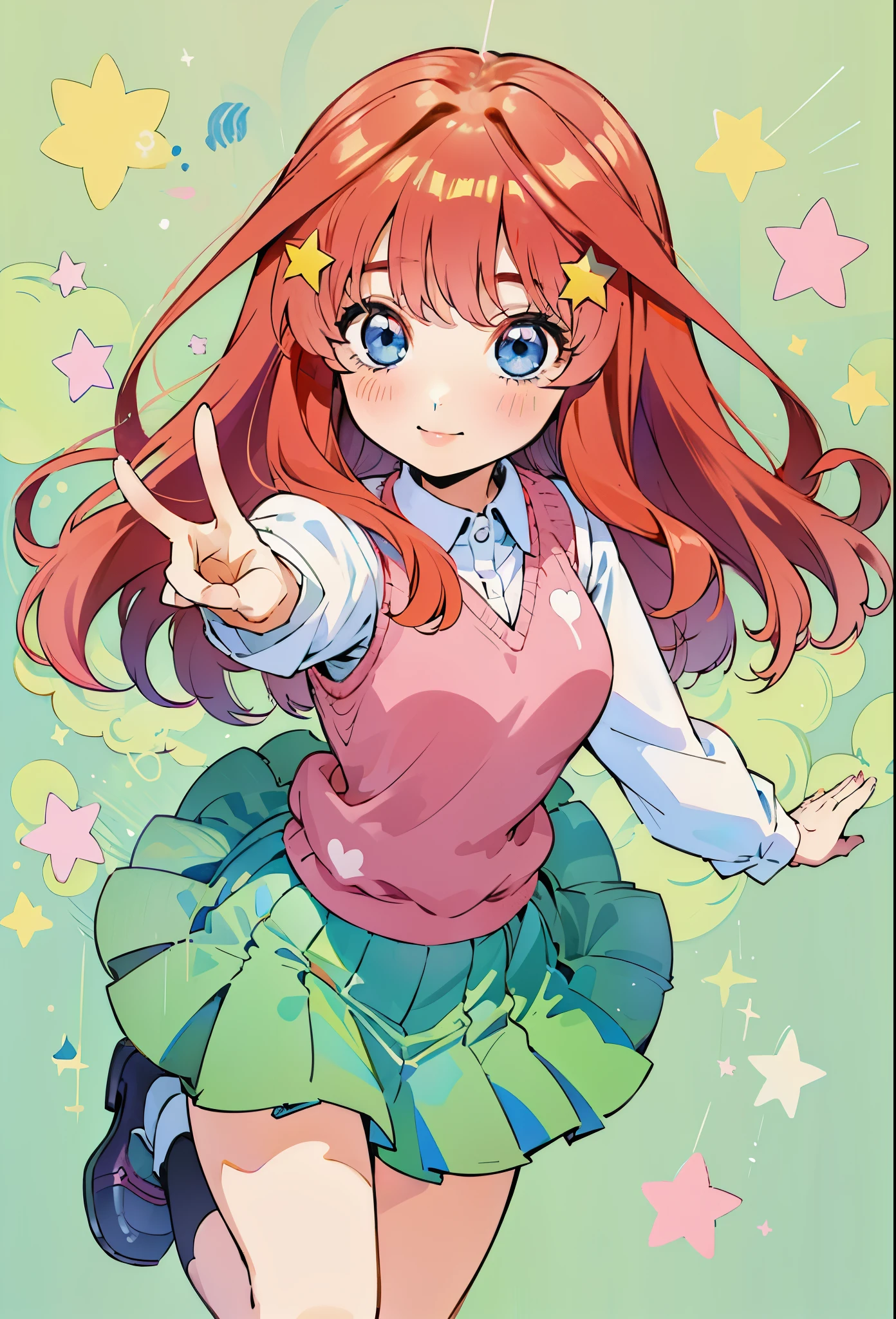  smily eyes, sparkling eyes, happy lovely tender face, natural happy face, 1 girl, solo, masterpiece, best quality, illustration, itsuki nakano in a dynamic pose, front, itsuki nakano,  fluffy long red hair, blue eyes, nakano_itsuki splendid, iridescent, dynamic pose, moving, excellent character design, full body pose, perfect face, aaitsuki, star hair ornament, cheery face, shiny smile, lovely sparkling smile happy, collared white shirt, green pleated skirt, sleeveless pink red vest, Good shapes, vivid colours, bright colours, perfect lines, perfect lineart, kawaii, good, cute, tender expression, lovely, smile, sweet eyes, pretty outdoors background,,  splendid, iridescent, dynamic pose, moving, excellent character design, full body pose, perfect face, aaitsuki, bangs, sweet tender expression, cute face, nakano_itsuki, sweater vest, very long red hair