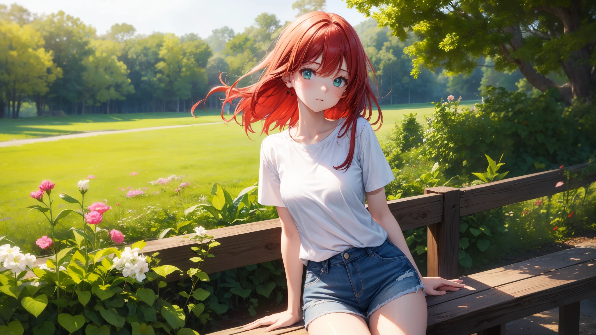 Best quality, ultra high resolution, 1 girl, Red hair, Green eyes, short and thin body, wearing a white shirt and shorts, ((shyexpression)),