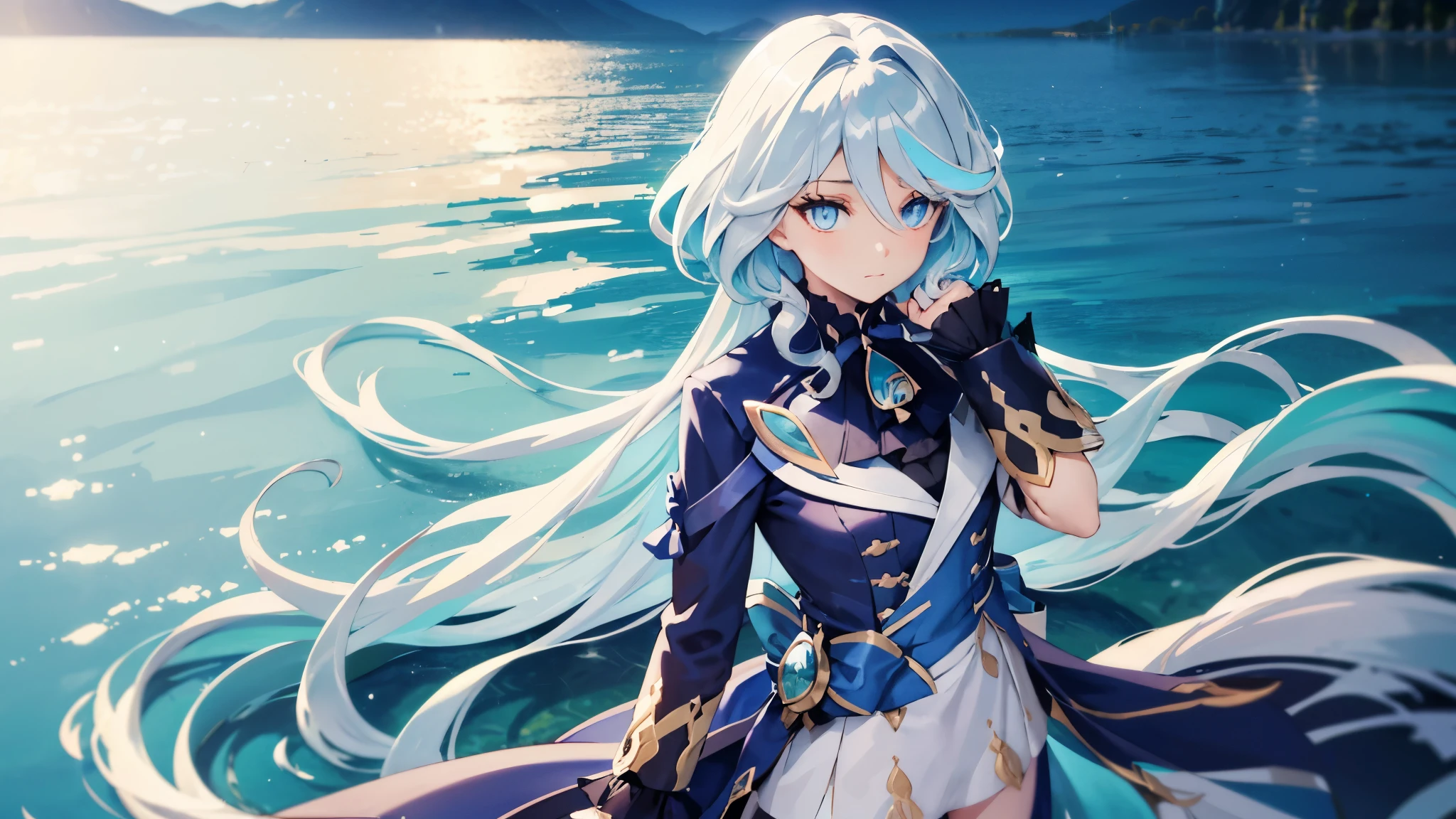 beautiful detailed eyes, flowing long hair, glowing skin, fashionable outfit, confident pose, peaceful atmosphere, vibrant colors, soft lighting, summer breeze, Furina, standing on top of water, water reflection, big lake landscape, ultra realistic, sunny day, fountaine, cute, early twenties, blue uniform, middle of lake,
