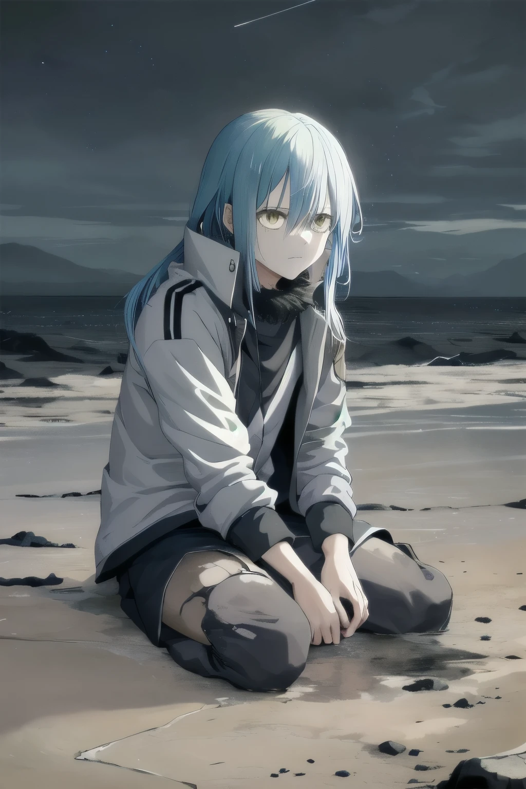 1boy, masterpiece, best quality, highres, rimuru tempest, blue hair, long hair, jacket, standing, looking at viewer, barren land as if it's burnt and lost its colour, outdoor, Fantasy, ash colour sky, grey sky, sad, depressed, stong but distorted emotions, feeling of lossing someone,Despite the outward facade of strength, the boy's emotions are twisted and distorted, suffocating beneath the weight of unbearable grief and loss, looking at the horizon with an unreadable face, raining,
((Looking at the user)), ((BROKEN)), HEARTBROKEN,