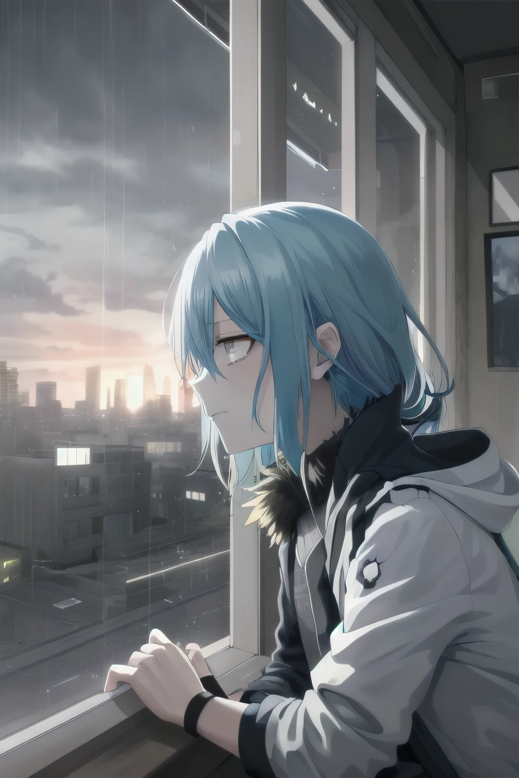 1boy, masterpiece, best quality, highres, rimuru tempest, blue hair, long hair, jacket, standing, looking at viewer, barren land as if it's burnt and lost its colour, outdoor, Fantasy, ash colour sky, grey sky, sad, depressed, stong but distorted emotions, feeling of lossing someone,Despite the outward facade of strength, the boy's emotions are twisted and distorted, suffocating beneath the weight of unbearable grief and loss, looking at the horizon with an unreadable face, raining,
((Looking at the user)), ((BROKEN)), HEARTBROKEN,
