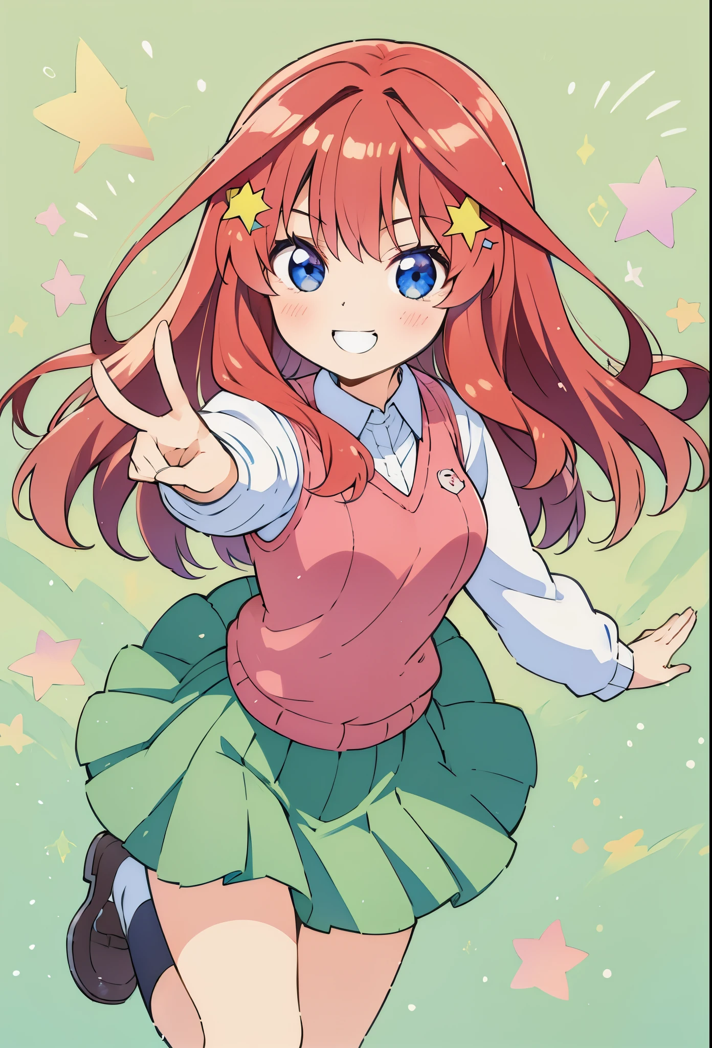  smily eyes, sparkling eyes, happy lovely tender face, natural happy face, 1 girl, solo, masterpiece, best quality, illustration, itsuki nakano in a dynamic pose, front, itsuki nakano,  fluffy long red hair, blue eyes, nakano_itsuki splendid, iridescent, dynamic pose, moving, excellent character design, full body pose, perfect face, aaitsuki, star hair ornament, cheery face, shiny smile, lovely sparkling smile happy, collared white shirt, green pleated skirt, sleeveless pink red vest, Good shapes, vivid colours, bright colours, perfect lines, perfect lineart, kawaii, good, cute, tender expression, lovely, smile, sweet eyes, pretty outdoors background,,  splendid, iridescent, dynamic pose, moving, excellent character design, full body pose, perfect face, aaitsuki, bangs, sweet tender expression, cute face, nakano_itsuki, sweater vest, very long red hair