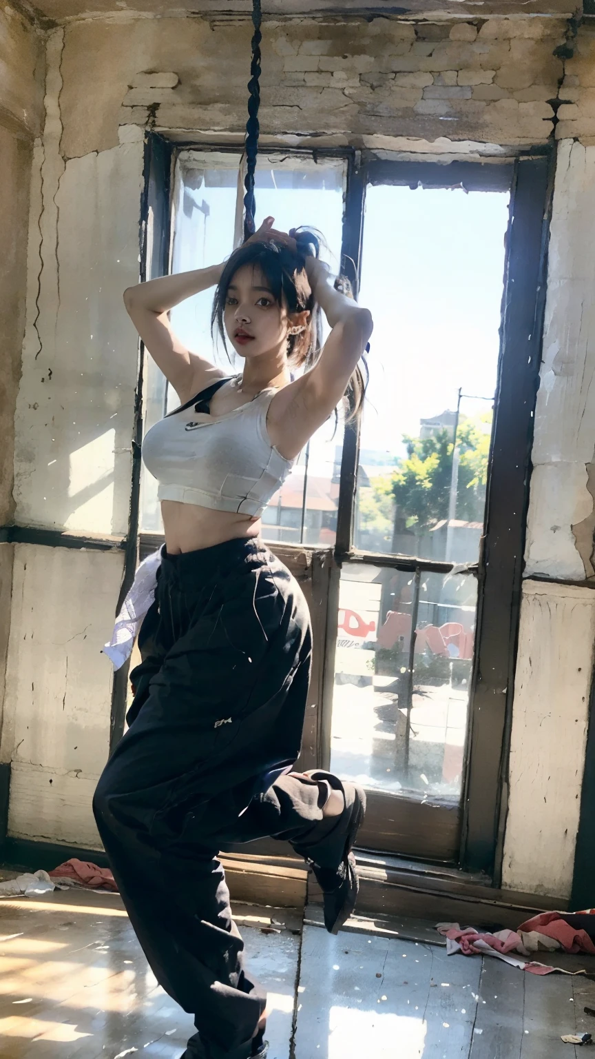 20 year old Korean woman dancing in a closed, dark dance studio,Sweating,Sweat flying,Flowing sweat,Bobcut,aespakarina,A painful expression with furrowed brows,hiphop dancer,Gangster-style long pants,wearing edg90hh_clothing,8k,High definition