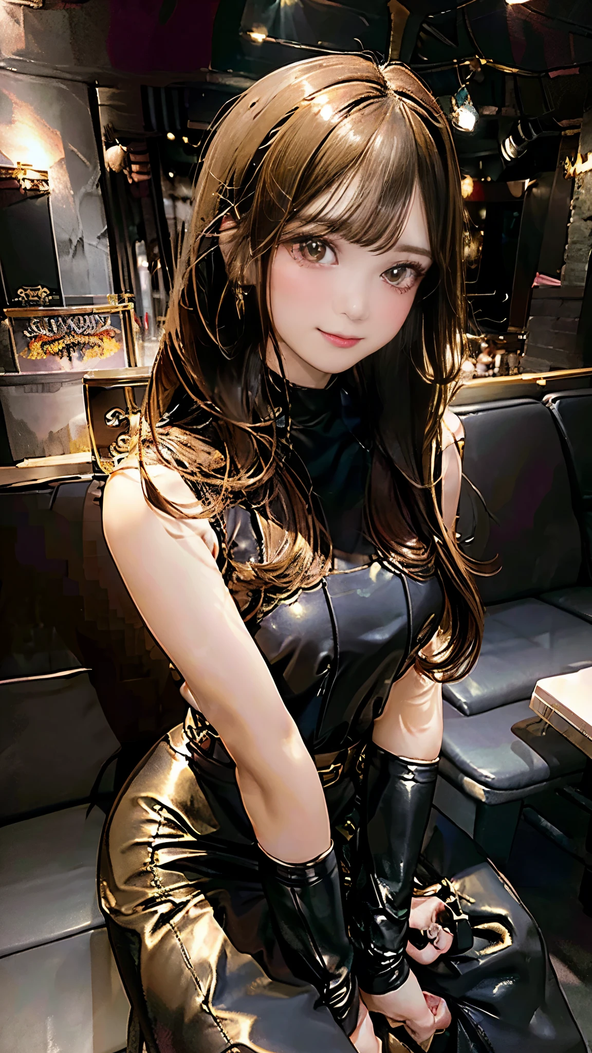 Beauty, long hair, leather collar set with diamonds, fair skin, reddish cheeks, big eyes, full body photo, black stockings, leather bandeau, leather skirt, boots、(nightclub:1.5, lounge:1.5, hostess:1.2), (((Golden lighting))), Horizontal Velvet Sofa、Sitting next to me, clinging to me、