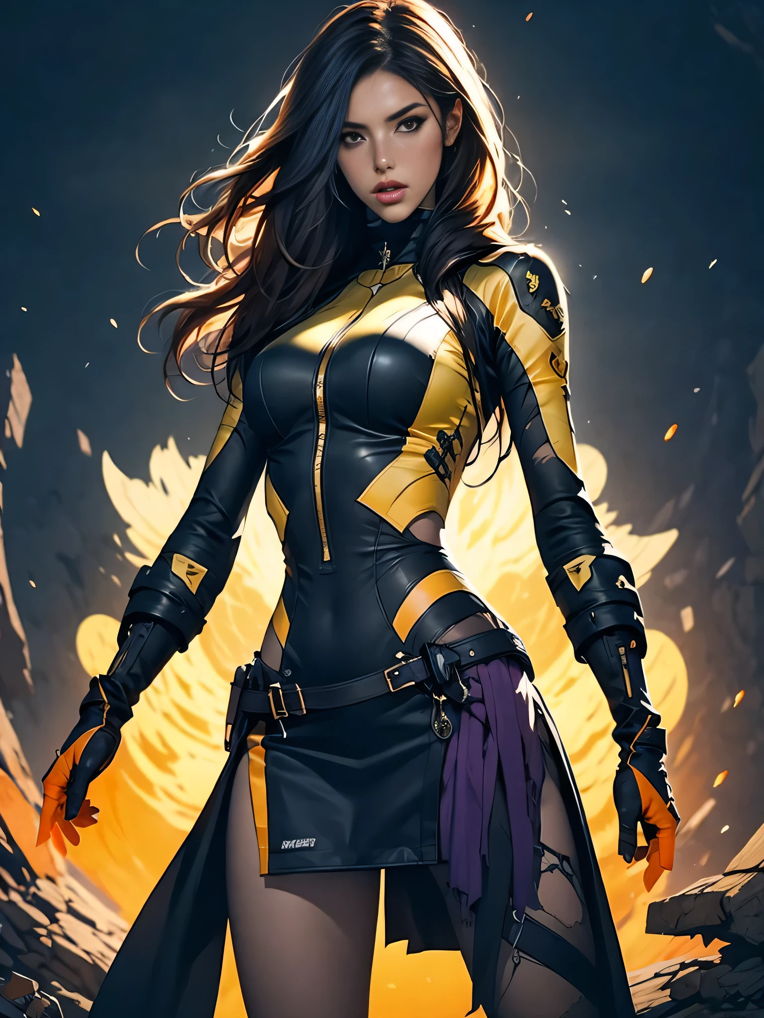 dark and torn, 1 young beautiful muscular body, fierce expression, holding a gun, (colors on her clothes, warm, orange, yellow, violet:1.3), standing on a desolate wasteland, dramatic lighting, intense shadows, sandy texture, tall contrast, vibrant colors, dynamic pose, powerful stance, rugged background, explosive atmosphere, dystopian theme, surreal elements, digitally painted illustration, HD resolution, intricate details, dramatic composition, avant-garde and chaotic brush strokes, gothic style, intense emotions, epic scale, raw and gritty feel, captivating and provocative artwork.
