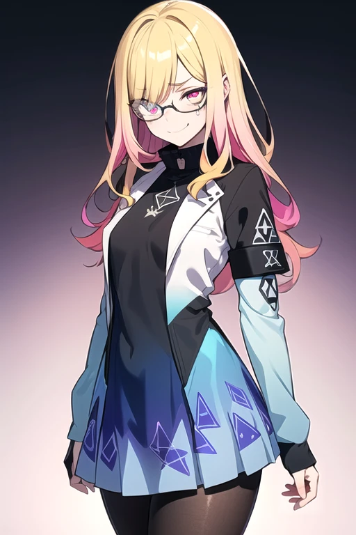 (blonde hair, very long hair, sidelocks), (eyes with a mix of yellow and blue irises:1.5), two-tone eyes, multicolored eyes gradient eyes, white and blue jacket with constellation prints, (best quality,4k,8k,highres,masterpiece:1.2), ultra-detailed, portraits, (HDR:1.1), (vivid colors:1.1), (studio lighting), (bokeh), (highly saturated colors), (soft lighting), (detailed background), (subtle shadows), (ethereal glow), (pastel color palette), (delicate details), (crisp focus), (fine brushwork), (exceptional artistry), (masterpiece-worthy), (awe-inspiring), blonde hair, very long hair, sidelocks, (eyes with a mix of yellow and blue irises:1.5), two-tone eyes, (multicolored eyes:2.0) (gradient eyes:2.0), white and blue jacket with constellation prints, (metallic skirt), (pantyhose:1.25), (smirk:1.25), (smug:1.25), (naughty face:1.5), (mischievous:1.25), futuristic clothing, (science fiction setting:1.5), high-tech, glowing eyes, (unicursal hexagram-shaped irises:1.5), (cowboy shot:1.5), glasses, small glasses, thin glasses, rectangular glasses, small breasts, glowing clothing, (hologram armband1.5)