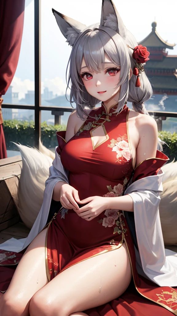 silber hair、red eyes、Beautiful girl alone、Fluffy dresses、off shoulders、Western-style castle、Bright red roses、((fox ears)),steam,wet clothes ,china dress