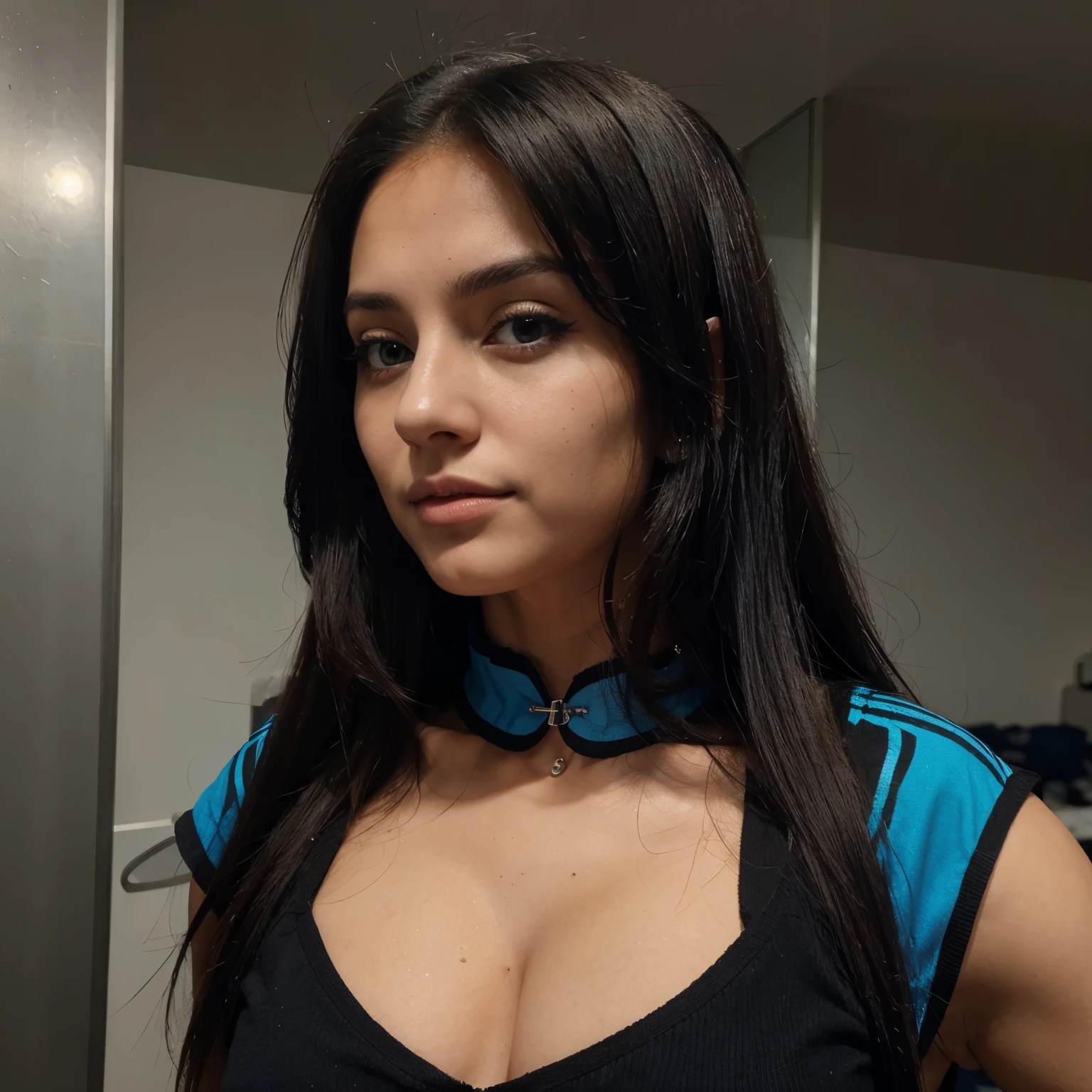 Una mujer de ojos azules celestes cabello negro ondulado vestida de teniente extremadamente bella