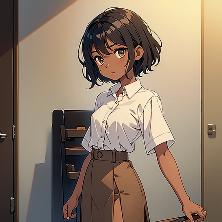 1 girl, Black and wavy and Short hair , Thin, small breasts , light brown skin, Wearing a short-sleeved white button-down shirt, and a long light brown skirt. 