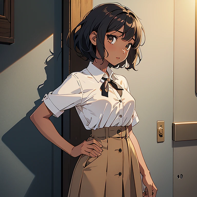 1 girl, Black and wavy and Short hair , Thin, small breasts , light brown skin, Wearing a short-sleeved white button-down shirt, and a long light brown skirt. 