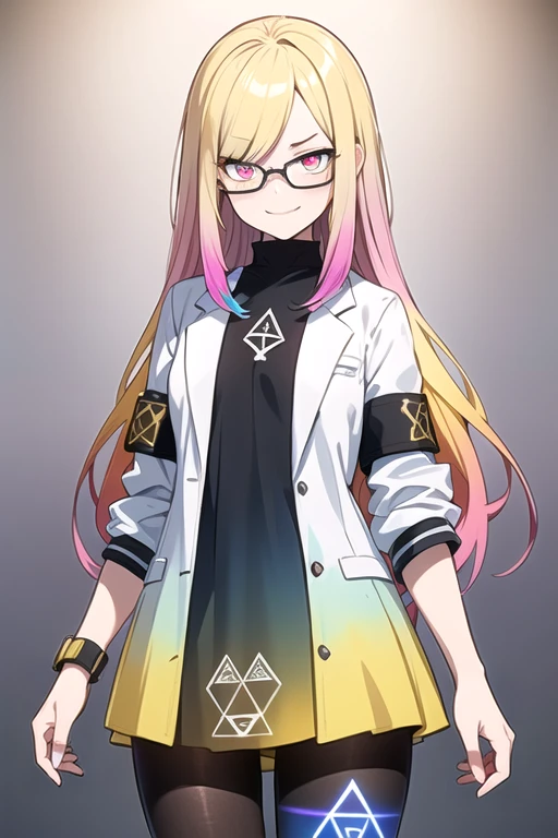 (blonde hair, very long hair, sidelocks), (eyes with a mix of yellow and blue irises:1.5), two-tone eyes, multicolored eyes gradient eyes, white and blue jacket with constellation prints, (best quality,4k,8k,highres,masterpiece:1.2), ultra-detailed, portraits, (HDR:1.1), (vivid colors:1.1), (studio lighting), (bokeh), (highly saturated colors), (soft lighting), (detailed background), (subtle shadows), (ethereal glow), (pastel color palette), (delicate details), (crisp focus), (fine brushwork), (exceptional artistry), (masterpiece-worthy), (awe-inspiring), blonde hair, very long hair, sidelocks, (eyes with a mix of yellow and blue irises:1.5), two-tone eyes, (multicolored eyes:2.0) (gradient eyes:2.0), white and blue jacket with constellation prints, (metallic skirt), (pantyhose:1.25), (smirk:1.25), (smug:1.25), (naughty face:1.5), (mischievous:1.25), futuristic clothing, (science fiction setting:1.5), high-tech, glowing eyes, (unicursal hexagram-shaped irises:1.5), (cowboy shot:1.5), glasses, small glasses, thin glasses, rectangular glasses, small breasts, glowing clothing, (hologram armband1.5)