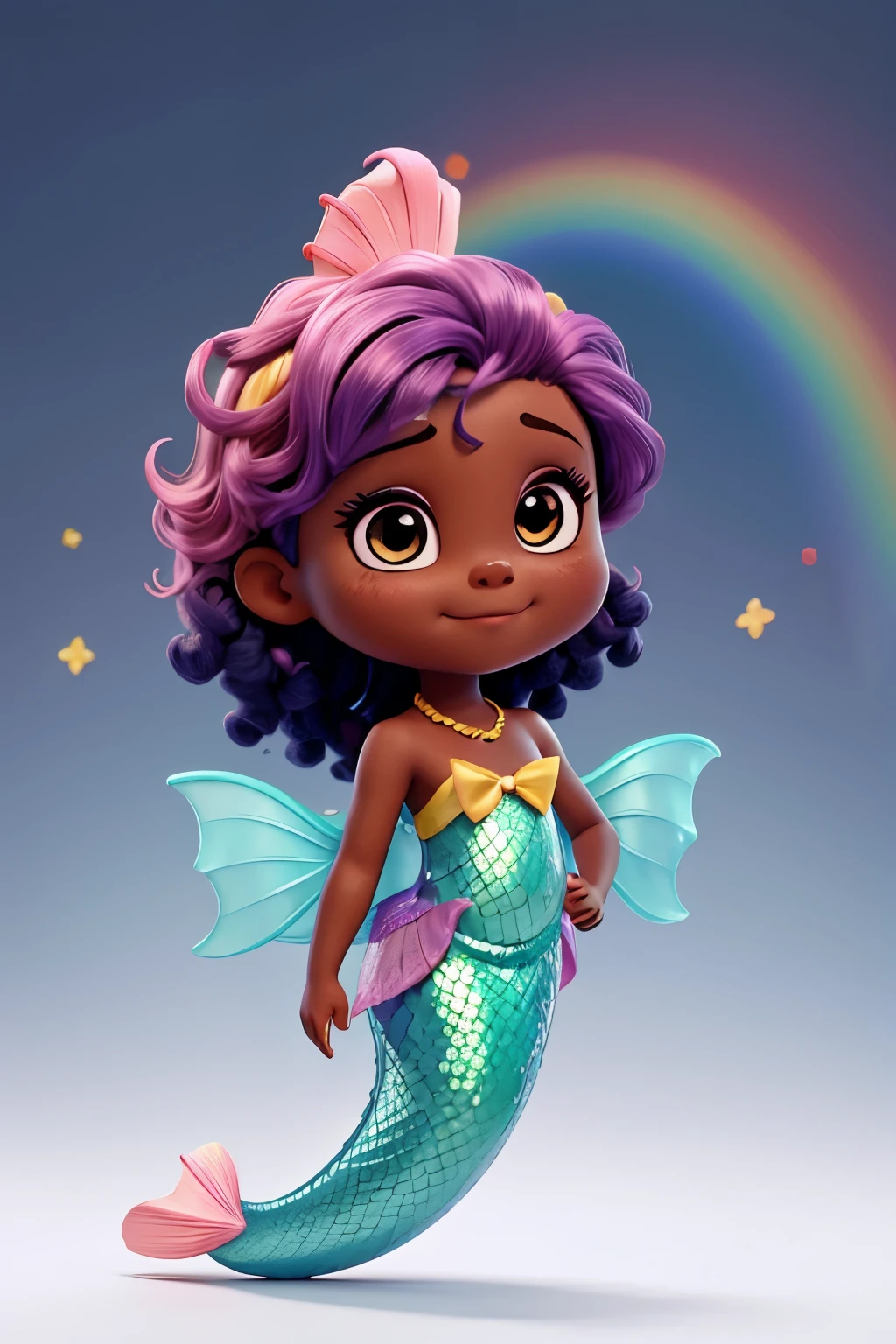 cute dark skinned mermaid with rainbow hair, white background