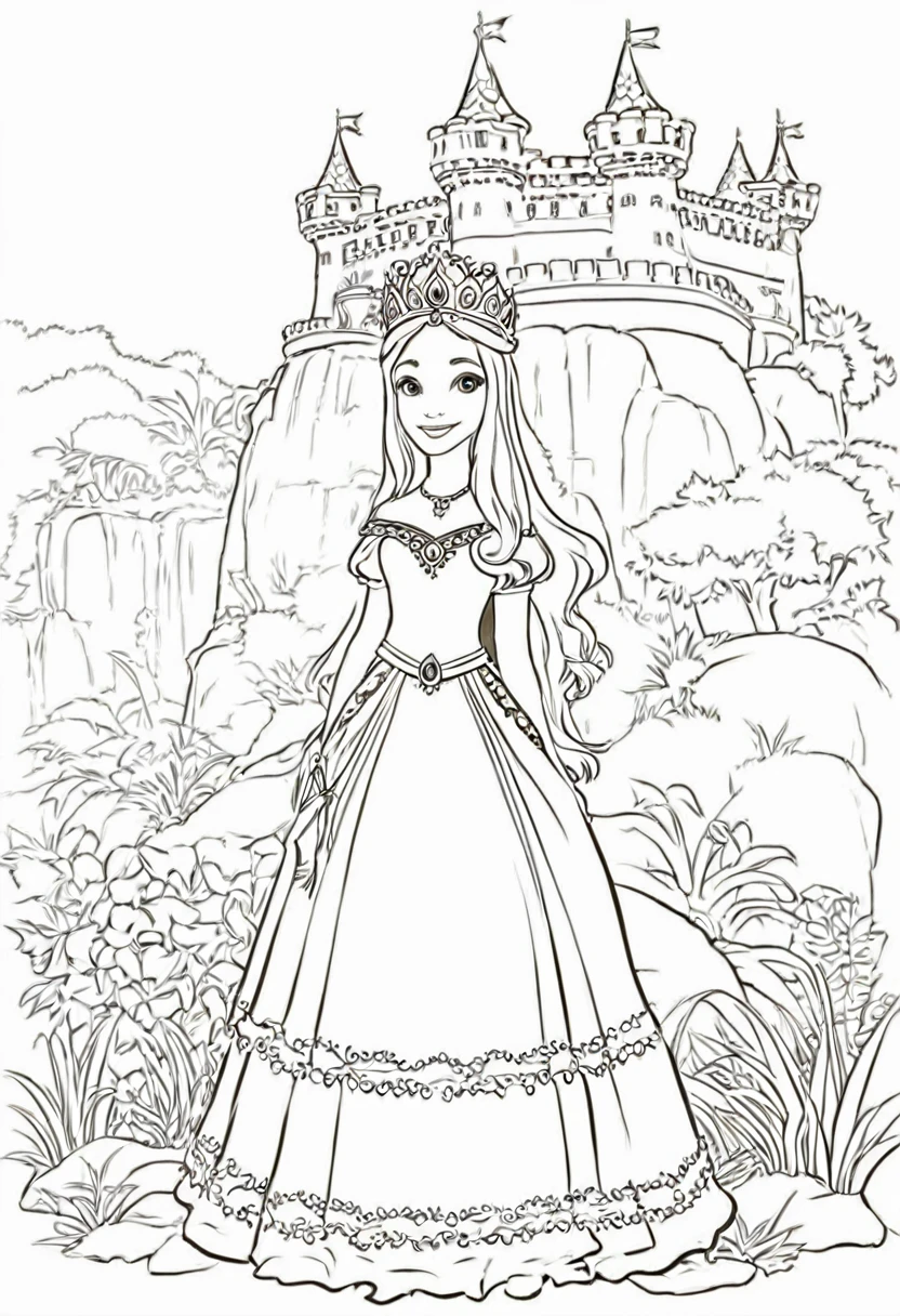 Princesa, magnificent crown, mystic , linearte, high resolution, em um jardim, castelo no fundo, montanhas ao redor, princesa no centro, livro para colorir, rio encontrando a cachoeira, imagem de alta qualidade, borboleta sobrevoando a cena, no color, coloring book.