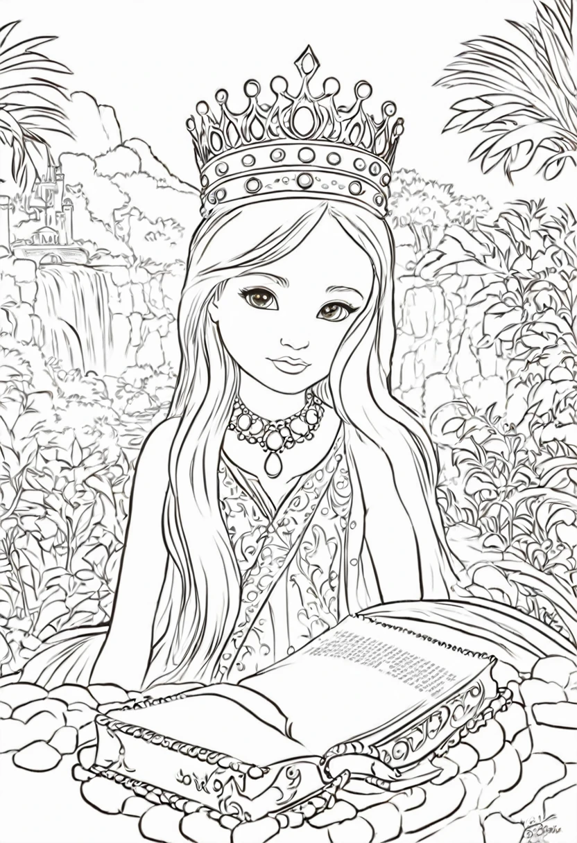 Princesa, magnificent crown, mystic , linearte, high resolution, em um jardim, castelo no fundo, montanhas ao redor, princesa no centro, livro para colorir, rio encontrando a cachoeira, imagem de alta qualidade, borboleta sobrevoando a cena, no color, coloring book.