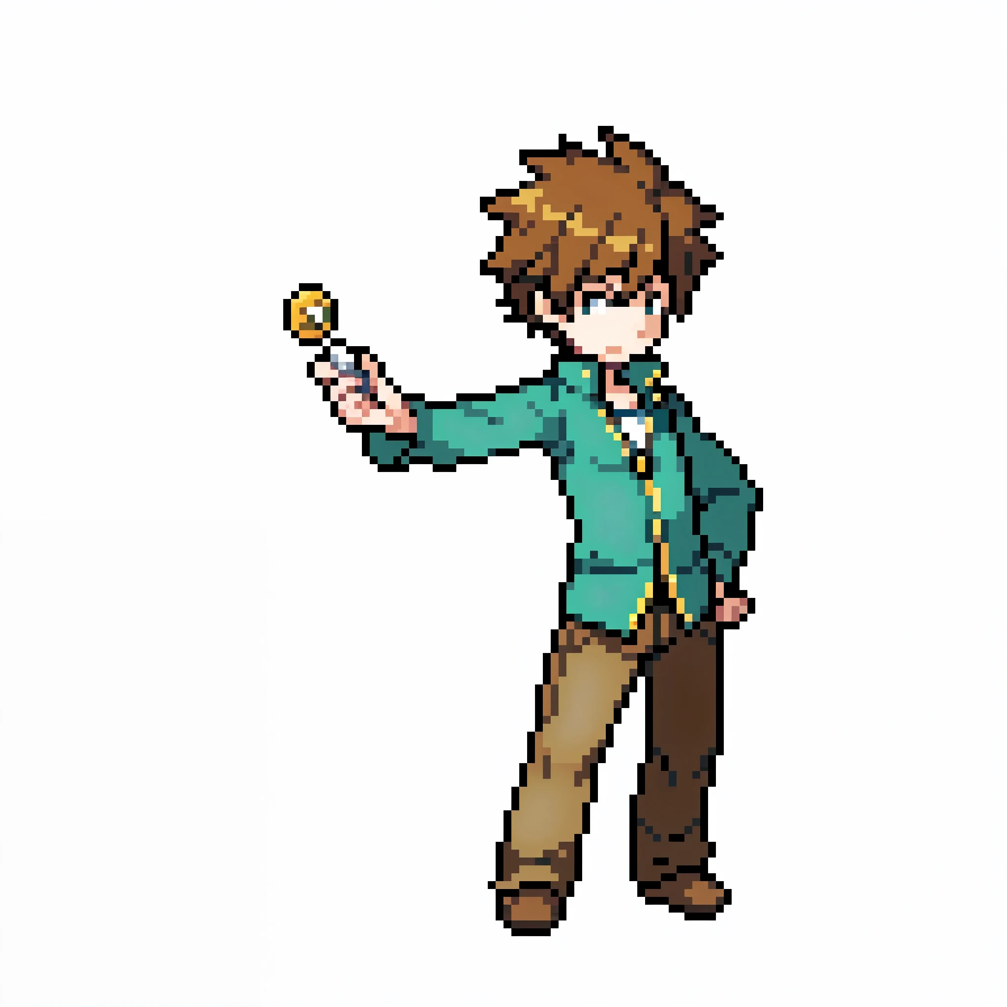 Pixel art a boy hold a coin