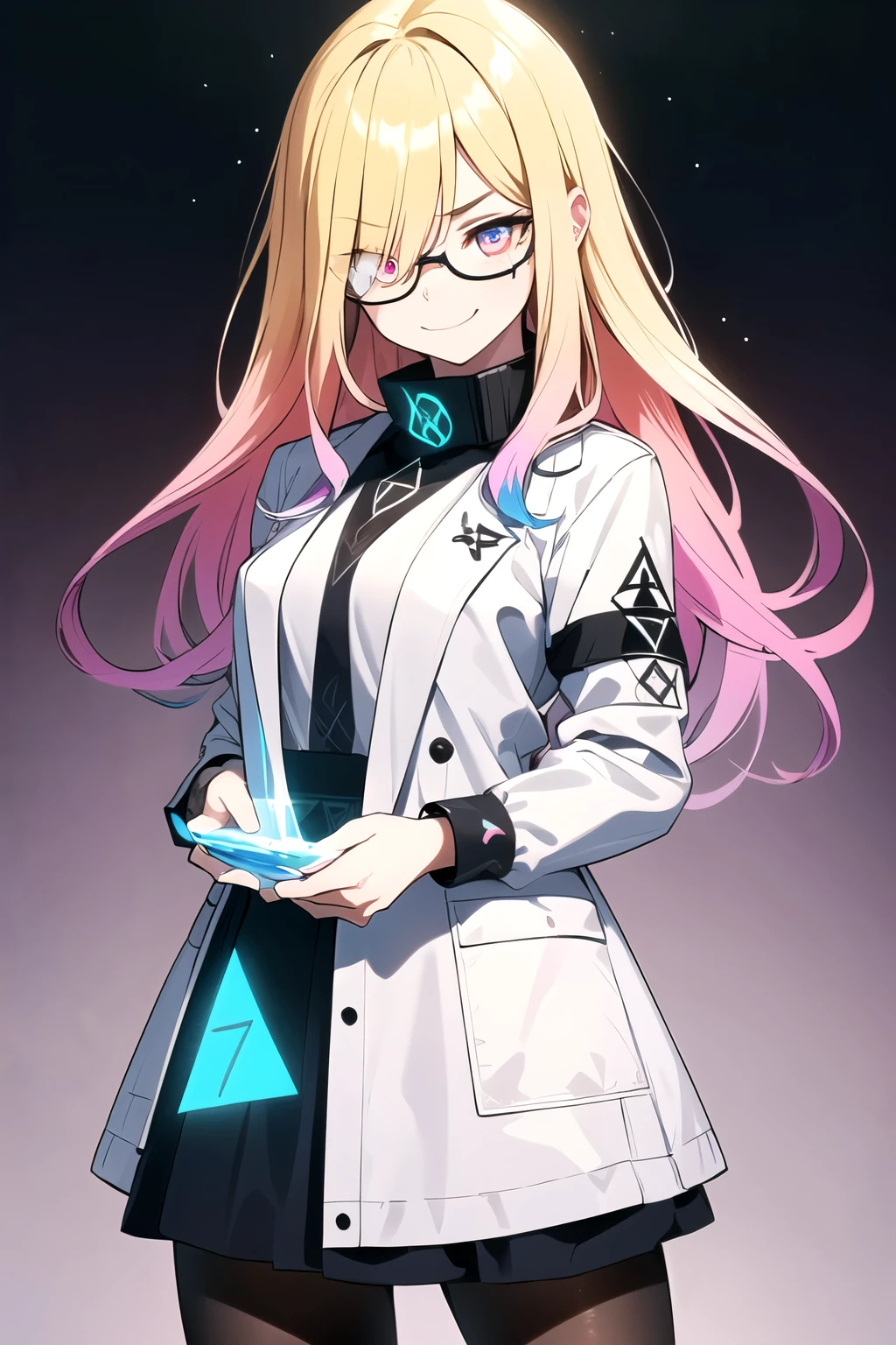 (blonde hair, very long hair, sidelocks), (eyes with a mix of yellow and blue irises:1.5), two-tone eyes, multicolored eyes gradient eyes, white and blue jacket with constellation prints, (best quality,4k,8k,highres,masterpiece:1.2), ultra-detailed, portraits, (HDR:1.1), (vivid colors:1.1), (studio lighting), (bokeh), (highly saturated colors), (soft lighting), (detailed background), (subtle shadows), (ethereal glow), (pastel color palette), (delicate details), (crisp focus), (fine brushwork), (exceptional artistry), (masterpiece-worthy), (awe-inspiring), blonde hair, very long hair, sidelocks, (eyes with a mix of yellow and blue irises:1.5), two-tone eyes, (multicolored eyes:2.0) (gradient eyes:2.0), white and blue jacket with constellation prints, (metallic skirt), (pantyhose:1.25), (smirk:1.25), (smug:1.25), (naughty face:1.5), (mischievous:1.25), futuristic clothing, (science fiction setting:1.5), high-tech, glowing eyes, (unicursal hexagram-shaped irises:1.5), (cowboy shot:1.5), glasses, small glasses, thin glasses, rectangular glasses, small breasts, glowing clothing, (hologram armband1.5)