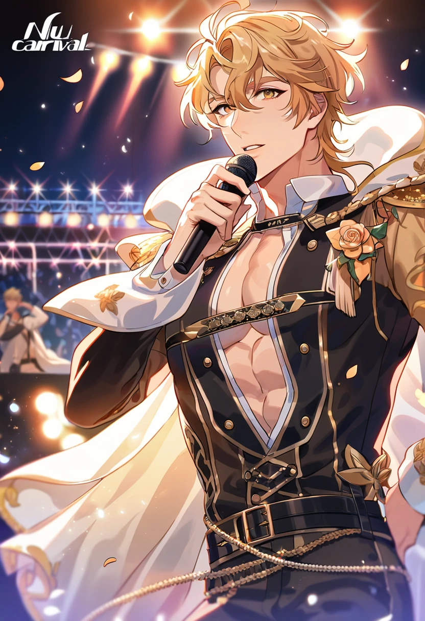 absurdres, highres, ultra detailed, HDR, master piece, best quality, perfect face, beautiful eyes, delicate features, Quincy, blond messy hair, expressive amber eyes, Nu Carnival, sexy man, handsome, idol, idol white and black clothes, black belt, cape, stage, lights, petals, flowers