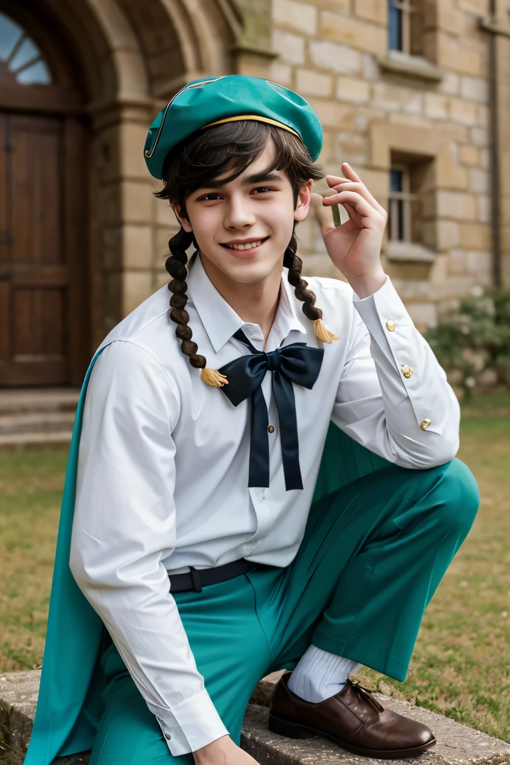 ventidef, beret, hat flower, white shirt, bow, long sleeves, frilled sleeves, brown corset, cape, green shorts, white pantyhose, jewelry, brooch, ((masterpiece)),(best quality), cosplay, rennaissance era town, castle fort, german town, (((1boy, male))), 20 years old, smile, medieval bard, handsome, white cape, twin braids,multicolored hair, dark to cyan gradient hair