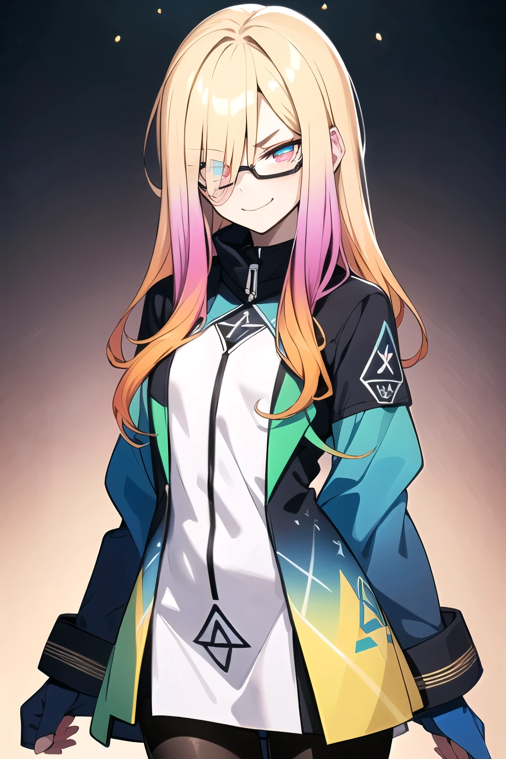 (blonde hair, very long hair, sidelocks), (eyes with a mix of yellow and blue irises:1.5), two-tone eyes, multicolored eyes gradient eyes, white and blue jacket with constellation prints, (best quality,4k,8k,highres,masterpiece:1.2), ultra-detailed, portraits, (HDR:1.1), (vivid colors:1.1), (studio lighting), (bokeh), (highly saturated colors), (soft lighting), (detailed background), (subtle shadows), (ethereal glow), (pastel color palette), (delicate details), (crisp focus), (fine brushwork), (exceptional artistry), (masterpiece-worthy), (awe-inspiring), blonde hair, very long hair, sidelocks, (eyes with a mix of yellow and blue irises:1.5), two-tone eyes, (multicolored eyes:2.0) (gradient eyes:2.0), white and blue jacket with constellation prints, (metallic skirt), (pantyhose:1.25), (smirk:1.25), (smug:1.25), (naughty face:1.5), (mischievous:1.25), futuristic clothing, (science fiction setting:1.5), high-tech, glowing eyes, (unicursal hexagram-shaped irises:1.5), (cowboy shot:1.5), glasses, small glasses, thin glasses, rectangular glasses, small breasts, glowing clothing, (hologram armband1.5)