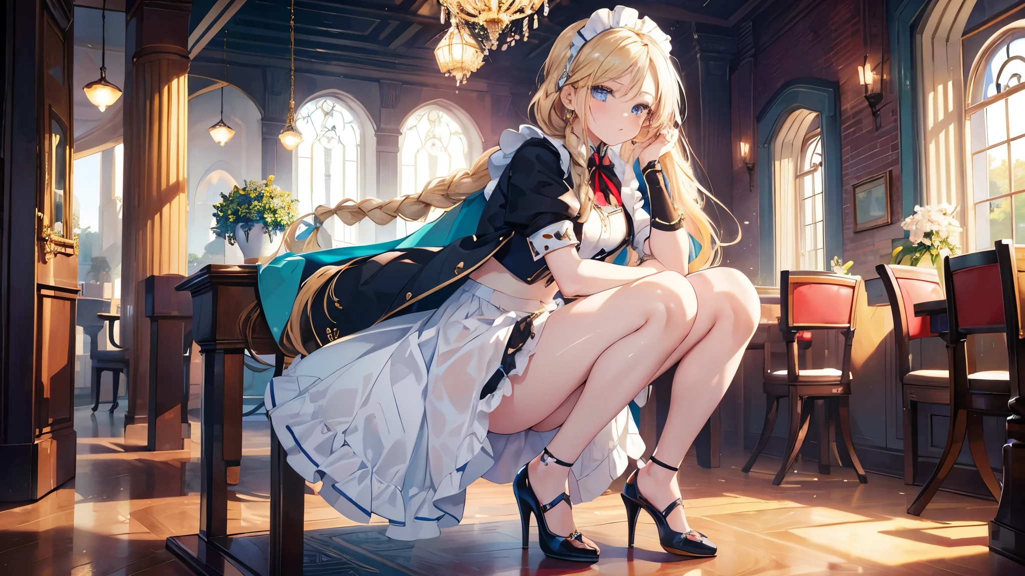((best quality)), ((masterpiece)), (detailed), perfect face, Solo, 1 girl, detailed eyes, shiny skin, shiny hair, blue turquoise eyes, blonde hair, high heels, ((tall)), braided hair, ((long braided hair)), 1 braid, maid outfit, full body, shiny hair, shiny skin, midriff, small breasts, coffee shop, red tie,