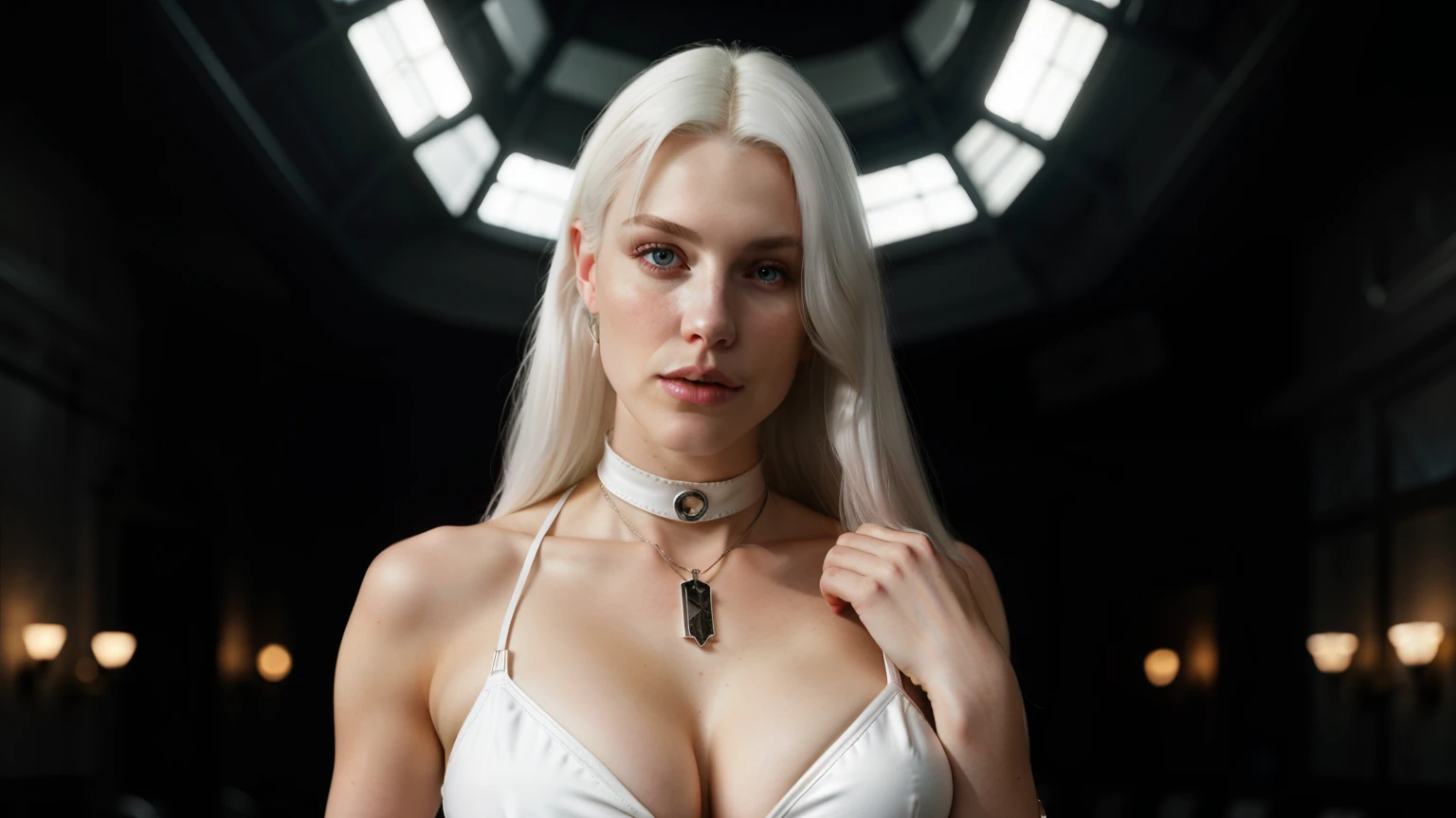 Btflindngds, a beautiful girl named Elizabeth, big lips, white hair, gorgeous actress, european, photograph by artgerm and (greg rutkowski:0.3), (cinematic:0.4) lighting, big natural breasts, breast cleavage, bikini, dark Mansion , skinny body, jewellery, chokers, very hot girl, The girl is holding the championship trophy in her hand,