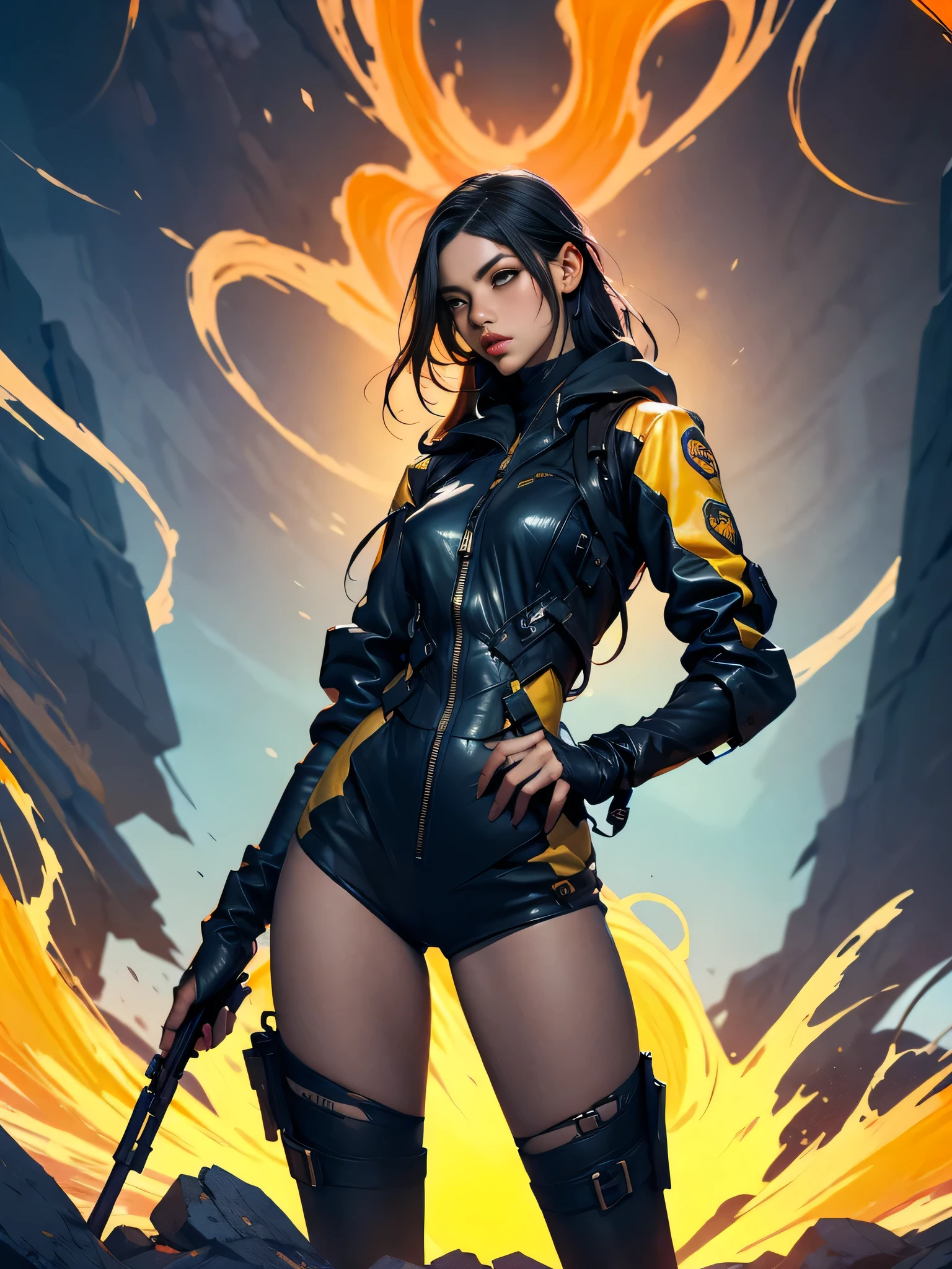 dark and torn, 1 young beautiful muscular body, fierce expression, holding a gun, (colors on her clothes, warm, orange, yellow, violet:1.3), standing on a desolate wasteland, dramatic lighting, intense shadows, sandy texture, tall contrast, vibrant colors, dynamic pose, powerful stance, rugged background, explosive atmosphere, dystopian theme, surreal elements, digitally painted illustration, HD resolution, intricate details, dramatic composition, avant-garde and chaotic brush strokes, gothic style, intense emotions, epic scale, raw and gritty feel, captivating and provocative artwork.
