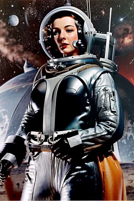 The cover of an old pulp space sci-fi book from the 1940s featured a beautiful woman in a sexy astronaut helmet and a pulp-style space jacket.