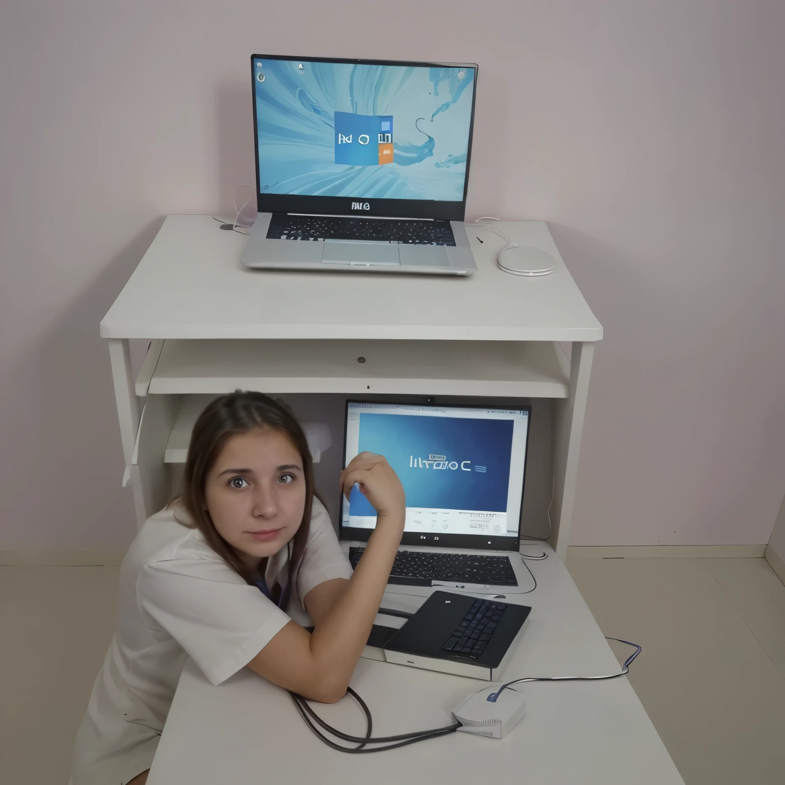 una chica frente a un pc navegando por internet, es para un anuncio de una empresa ISP