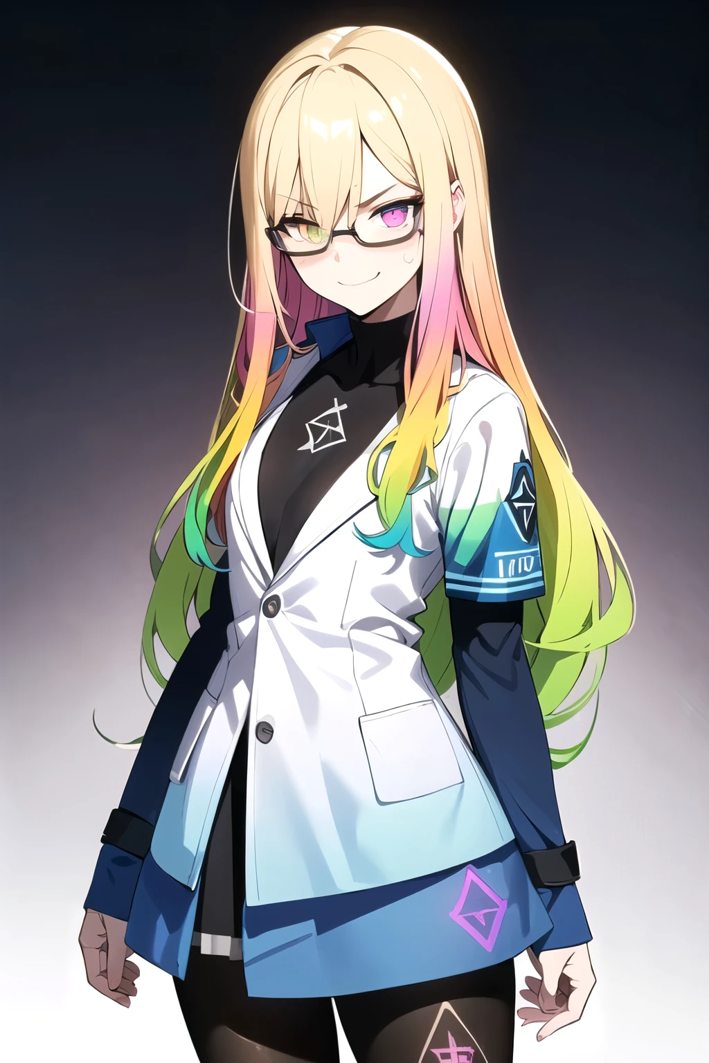 (blonde hair, very long hair, sidelocks), (eyes with a mix of yellow and blue irises:1.5), two-tone eyes, multicolored eyes gradient eyes, white and blue jacket with constellation prints, (best quality,4k,8k,highres,masterpiece:1.2), ultra-detailed, portraits, (HDR:1.1), (vivid colors:1.1), (studio lighting), (bokeh), (highly saturated colors), (soft lighting), (detailed background), (subtle shadows), (ethereal glow), (pastel color palette), (delicate details), (crisp focus), (fine brushwork), (exceptional artistry), (masterpiece-worthy), (awe-inspiring), blonde hair, very long hair, sidelocks, (eyes with a mix of yellow and blue irises:1.5), two-tone eyes, (multicolored eyes:2.0) (gradient eyes:2.0), white and blue jacket with constellation prints, (metallic skirt), (pantyhose:1.25), (smirk:1.25), (smug:1.25), (naughty face:1.5), (mischievous:1.25), futuristic clothing, (science fiction setting:1.5), high-tech, glowing eyes, (unicursal hexagram-shaped irises:1.5), (cowboy shot:1.5), glasses, small glasses, thin glasses, rectangular glasses, small breasts, glowing clothing, (hologram armband1.5)