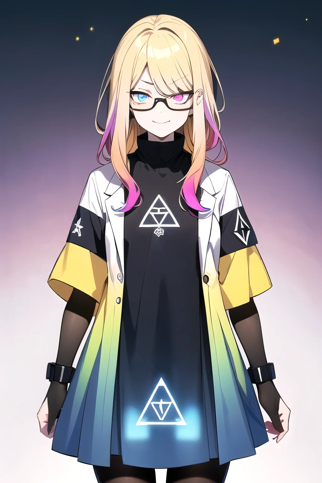 (blonde hair, very long hair, sidelocks), (eyes with a mix of yellow and blue irises:1.5), two-tone eyes, multicolored eyes gradient eyes, white and blue jacket with constellation prints, (best quality,4k,8k,highres,masterpiece:1.2), ultra-detailed, portraits, (HDR:1.1), (vivid colors:1.1), (studio lighting), (bokeh), (highly saturated colors), (soft lighting), (detailed background), (subtle shadows), (ethereal glow), (pastel color palette), (delicate details), (crisp focus), (fine brushwork), (exceptional artistry), (masterpiece-worthy), (awe-inspiring), blonde hair, very long hair, sidelocks, (eyes with a mix of yellow and blue irises:1.5), two-tone eyes, (multicolored eyes:2.0) (gradient eyes:2.0), white and blue jacket with constellation prints, (metallic skirt), (pantyhose:1.25), (smirk:1.25), (smug:1.25), (naughty face:1.5), (mischievous:1.25), futuristic clothing, (science fiction setting:1.5), high-tech, glowing eyes, (unicursal hexagram-shaped irises:1.5), (cowboy shot:1.5), glasses, small glasses, thin glasses, rectangular glasses, small breasts, glowing clothing, (hologram armband1.5)