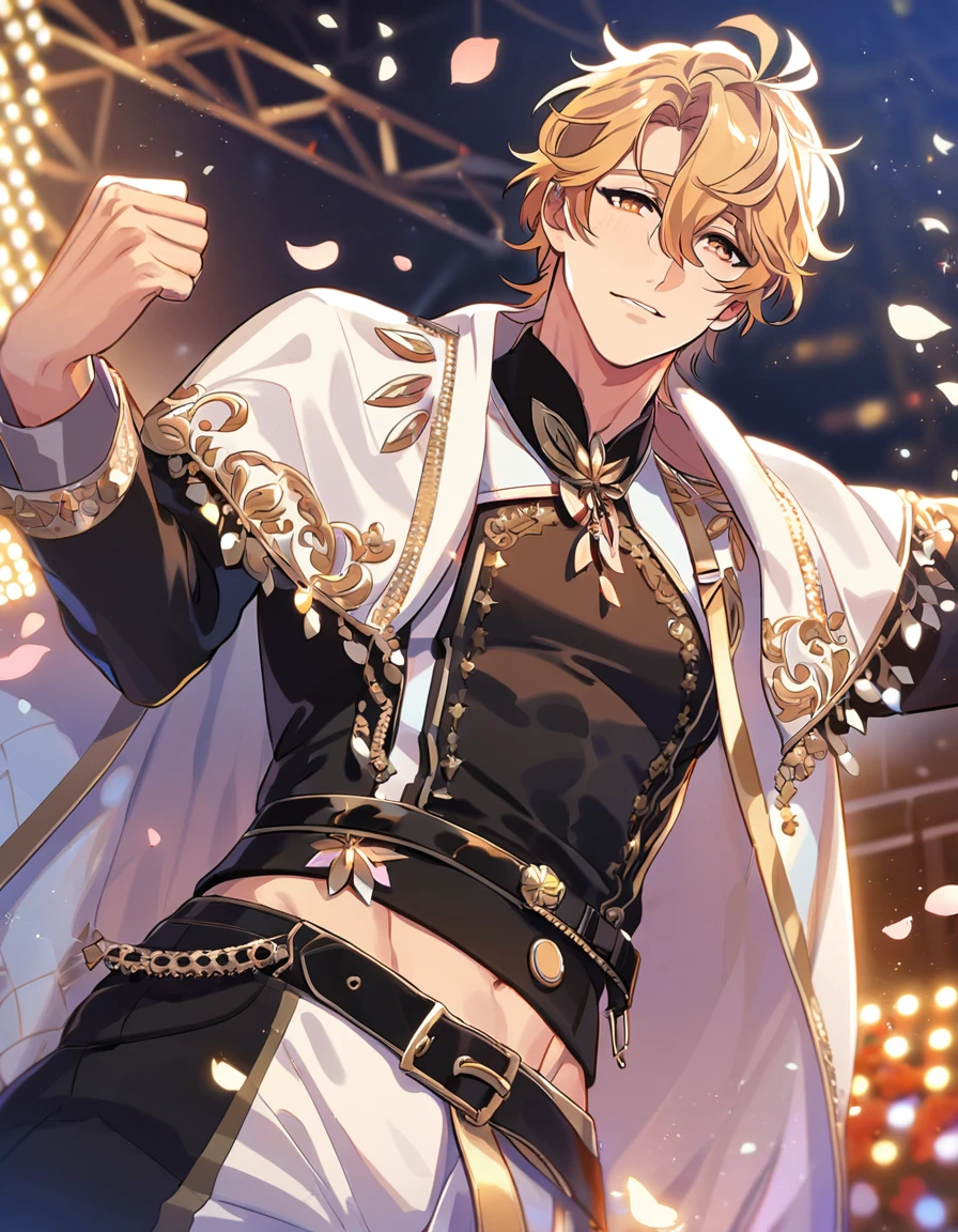 absurdres, highres, ultra detailed, HDR, master piece, best quality, perfect face, beautiful eyes, delicate features, Quincy, blond messy hair, expressive amber eyes, Nu Carnival, solo, sexy man, handsome, idol, idol white and black clothes, black belt, cape, stage, lights, petals, flowers