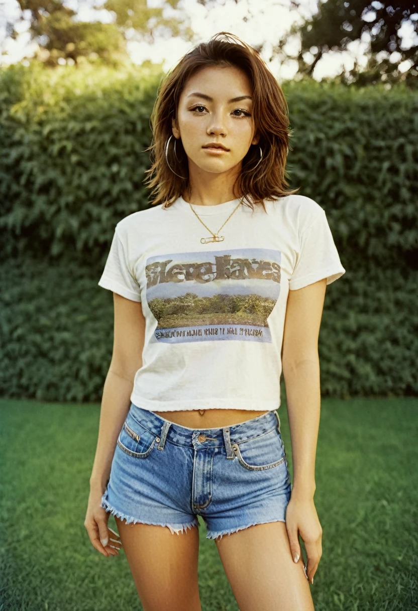 photograph of beautiful woman, outdoors in a park, wearing a cutoff t-shirt (SFW) micro jean shorts, looking at viewer, photorealistic, analog film photograph, masterpiece, soft light, ultrasharp, photorealistic, bokeh, photographic image from an Olympus OM1, Ektachrome 400 film, 120 mm lens, professional photographer, mario testino, yoko
