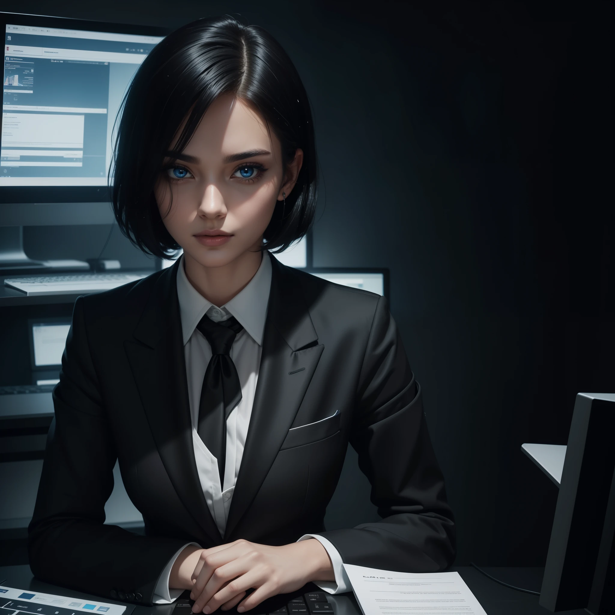 (black suit, black tie, White shirt, black trousers), super high image, Super Detail, super high resolution, perfect beautiful woman 28 years old, round face and eyes, drooping eyes, double eyelids, White Shiny Flowing Layered Wavy Short Hair, blue sparkling big eyes, red, Seductive, wet, big thick lips, love expression, obscene expression, Large proportion, perfect proportion, slim, midnight city background, professional lighting, sitting at the computer, large monitor, blue neon lines