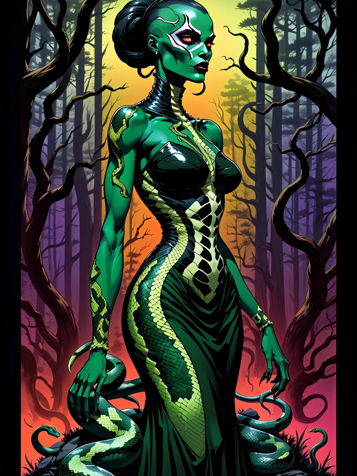 Medusa, splash page decompressed comic cover art, ink style figure,((expressive Joelle Jones and "Sean Gordon Murphy" comic drawing)), wordless, cinematic poster, double exposure, optical illusion, image within image, abyss void black no visibility darkness, full length portrait, (background, pine barrens, entropy, rewilding, magic hour sunset, galaxy stars, cosmos), (horror, abstract, surreal, body, cosmic), candid, snake skin dress, morphology anatomy drawn Frederic Delavier musculature anatomical illustration, (face, ornate black metal corpse paint, resembles Grace Jones), (body, Naga, snakefolk, lower body snake tail, snake woman hybrid, bald, hairless, skeleton, snake skin tattoos, piercing eyes, snake pupils, over the shoulder), (colors, bleak muted deep fiery radiant glowing ROYGBIV, forest green, earth brown), craftsmanship nuance, (Gerardo Zaffino charcoal), subliminal orchids, nyctophobia, silhouette

