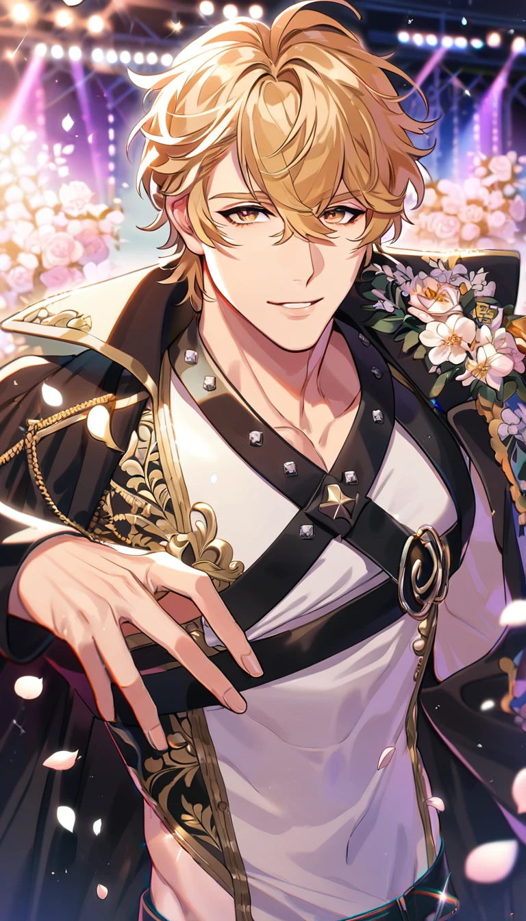 absurdres, highres, ultra detailed, HDR, master piece, best quality, perfect face, beautiful eyes, delicate features, Quincy, blond messy hair, expressive amber eyes, Nu Carnival, solo, sexy man, handsome, idol, idol white and black clothes, black belt, cape, stage, lights, petals, flowers