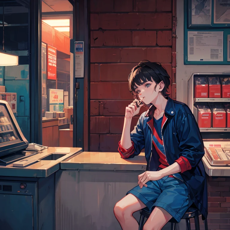 Stranger things, 80' aesthetics. A male young adult leaning against a wall while smoking, wear a cashier uniform and look very bored while smoking.