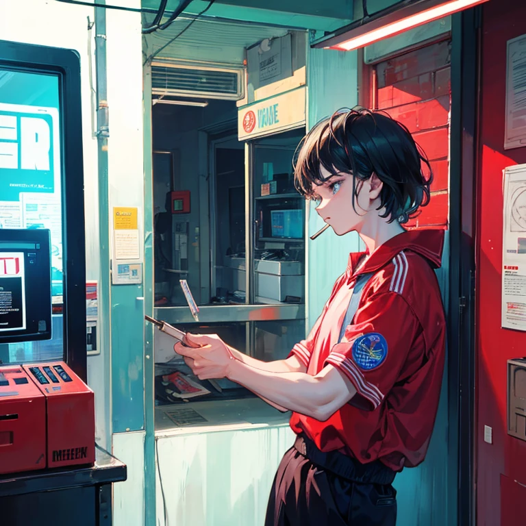 Stranger things, 80' aesthetics. A male young adult leaning against a wall while smoking, wear a cashier uniform and look very bored while smoking.