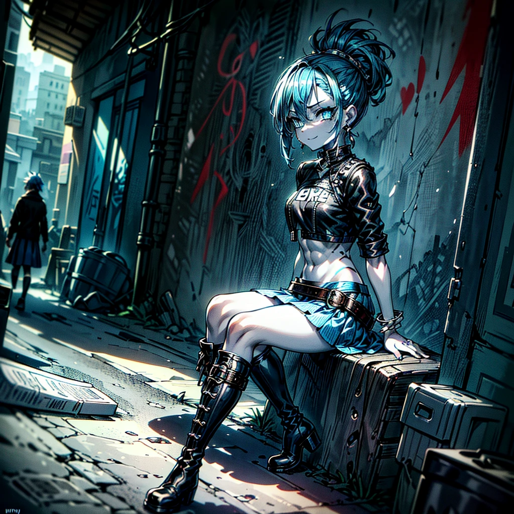 (punk rock girl:1.5,dark_blue_hair and eyes,firework updo hairstyle,pale skin, paper white skin:1.5,buff muscular physique:1.5,eyeliner,beautiful blue tattoo patters,black Over-the-knee boots:1.5,boot buckles,black leather crop top jacket:1.5,blue pencil-Skirt:1.5,blue nail polish,best quality,highres,64k,HD,masterpiece:1.5,seamless perfection,ultra-detailed, character-portrait, character_concept,solo focus,body focus,close up,sharp focus,graffiti,wild expression,rings and bracelets,earrings,grungy graffiti-covered walls,alone in a dark alleyway, sitting on a trashcan with her legs crossed,hand signs,vibrant punk fashion and accessories,dynamic pose,confident expression,rebellious spirit,vivid colors,gritty atmosphere,genuine punk rock feel,spiky hair,riotous energy,confident smile,sharp details and textures,street art,raw and energetic performance,intense vocals,expressive eyes,high-energy performance,raw emotions,earthy and rugged vibes,punk rock fashion statement,unique and alternative style)