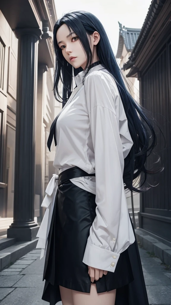 Magane chikujoin, Re-creators, tall height and slim build woman, pale tone of skin, waist lenght hair, dark blue hair, wavy hair, Two strands prominently stick out on either side of the head near the temples, large and intense yellow eyes, with resembling a cat's; white blouse with long sleevesand a black tie at the neck, black skirt reacking down to the ankles,