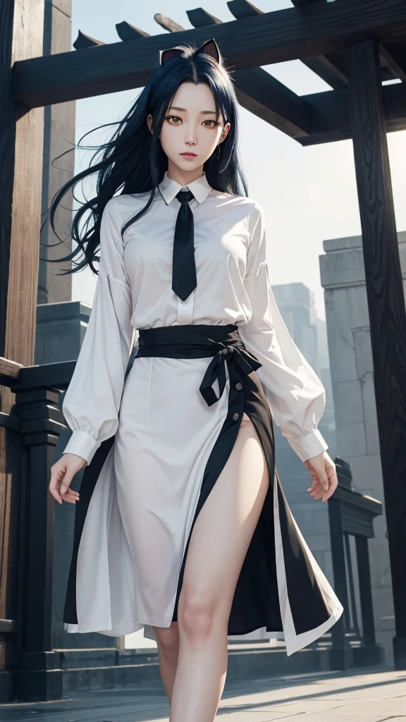 Magane chikujoin, Re-creators, tall height and slim build woman, pale tone of skin, waist lenght hair, dark blue hair, wavy hair, Two strands prominently stick out on either side of the head near the temples, large and intense yellow eyes, with resembling a cat's; white blouse with long sleevesand a black tie at the neck, black skirt reacking down to the ankles, 