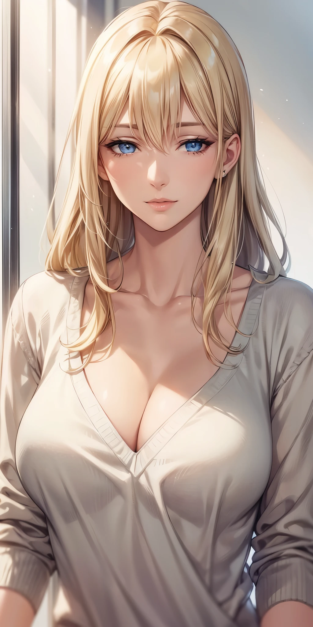 elegant mature woman, blonde hair, blue eyes, 4k resolution, high quality cg, beautiful cg, soft light