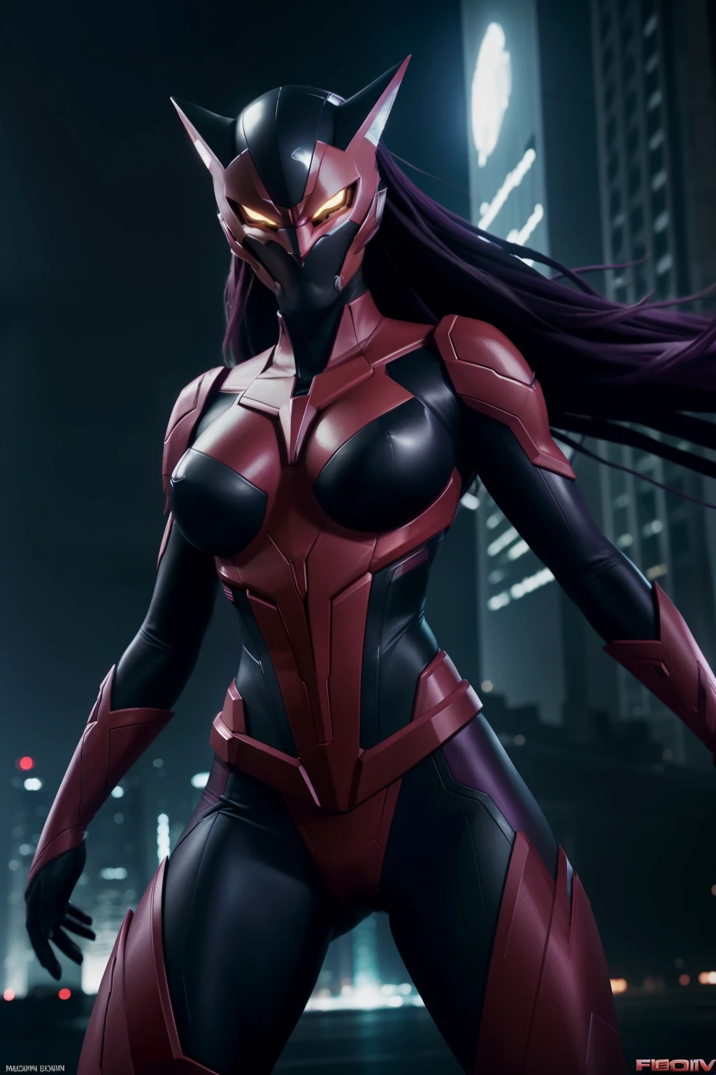 Front-on image of Evangelion Fusion and Vixen Fusion, DC Comics characters, in an intense fusion scene, camera effects featuring a dramatic color grading and a dark, moody atmosphere. The Womencore aesthetic is evident with their powerful, womanly forms and dark skin, showcasing the beauty of melanin. The Predator (female) is also present in the scene, her intimidating presence contrasting with the fusion's ethereal beauty. This image is a masterpiece of photorealistic art, with detailed textures and sharp focus on every intricate detail. The nighttime setting is captured with the use of flash, creating a high contrast and shallow depth of field to emphas